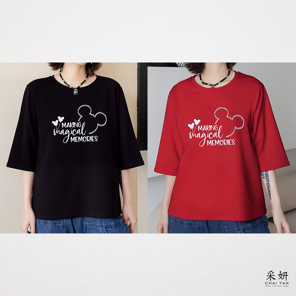 微刷絨字母卡通線條圓領半袖上衣