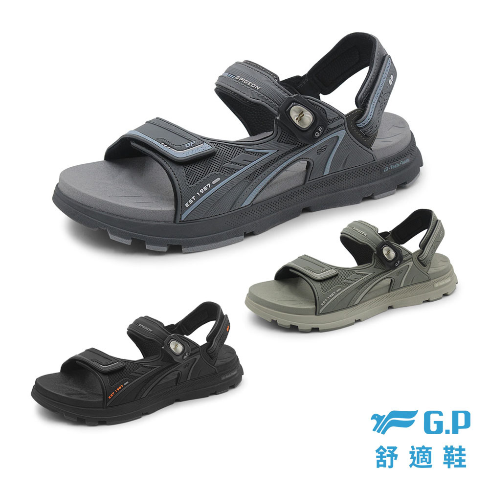 GP 舒適鞋 G6392M 系列機能涼鞋色系展示：包含黑色、軍綠色、都會灰三色選擇。搭載 G-Tech Foam 緩震技術與一秒磁吸扣，是兼具機能與穿搭的戶外休閒涼鞋
