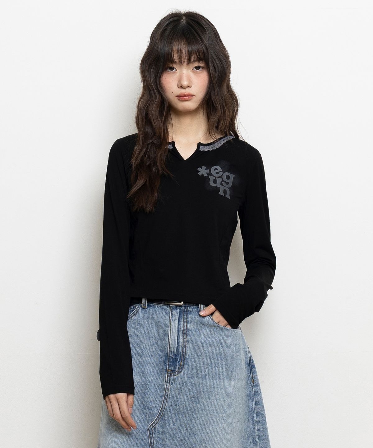 EUGEN Lace Neck Semi-Cropped Long Sleeve T-Shirt
