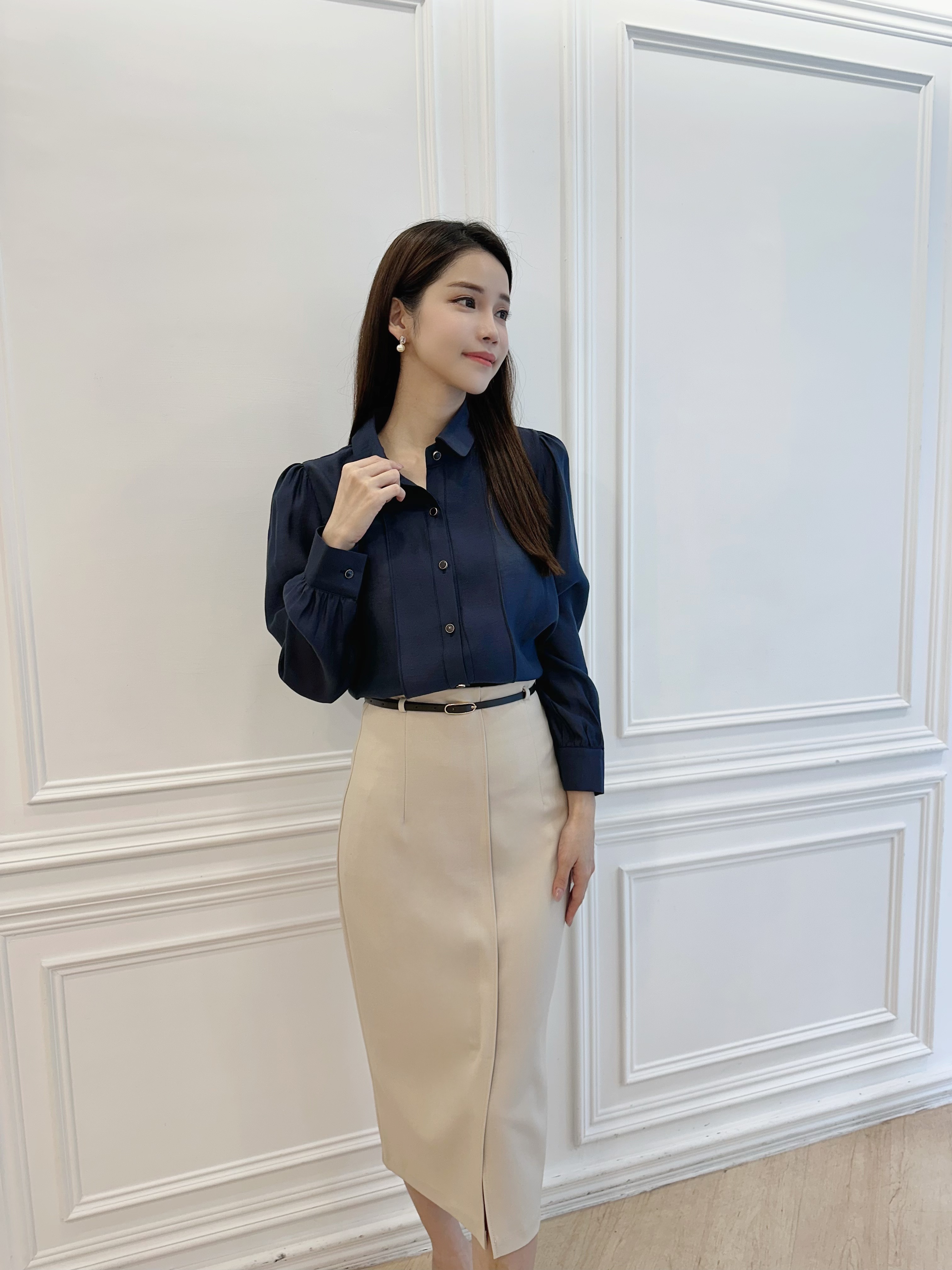 修身前打褶腰帶長裙