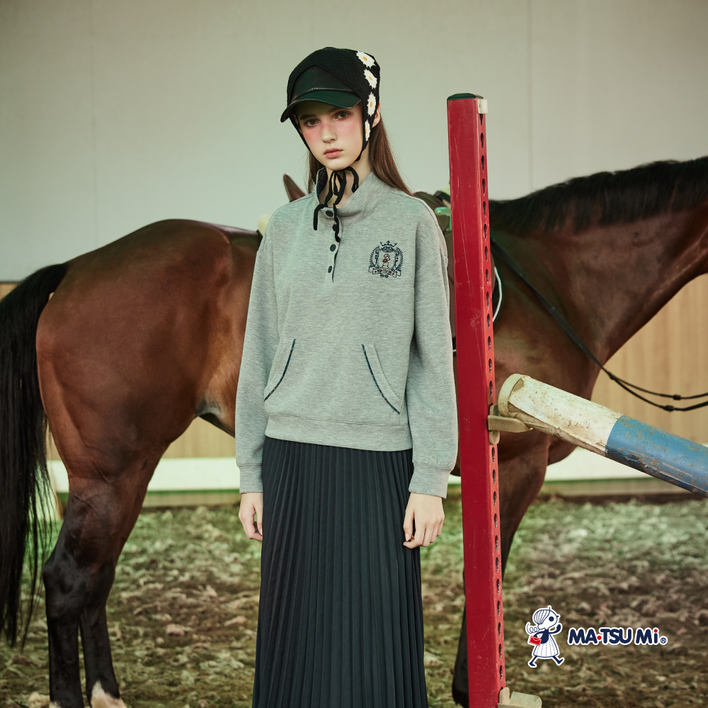 MA‧TSU Mi 學院風排釦設計大口袋親膚長袖上衣(深藍.深灰)