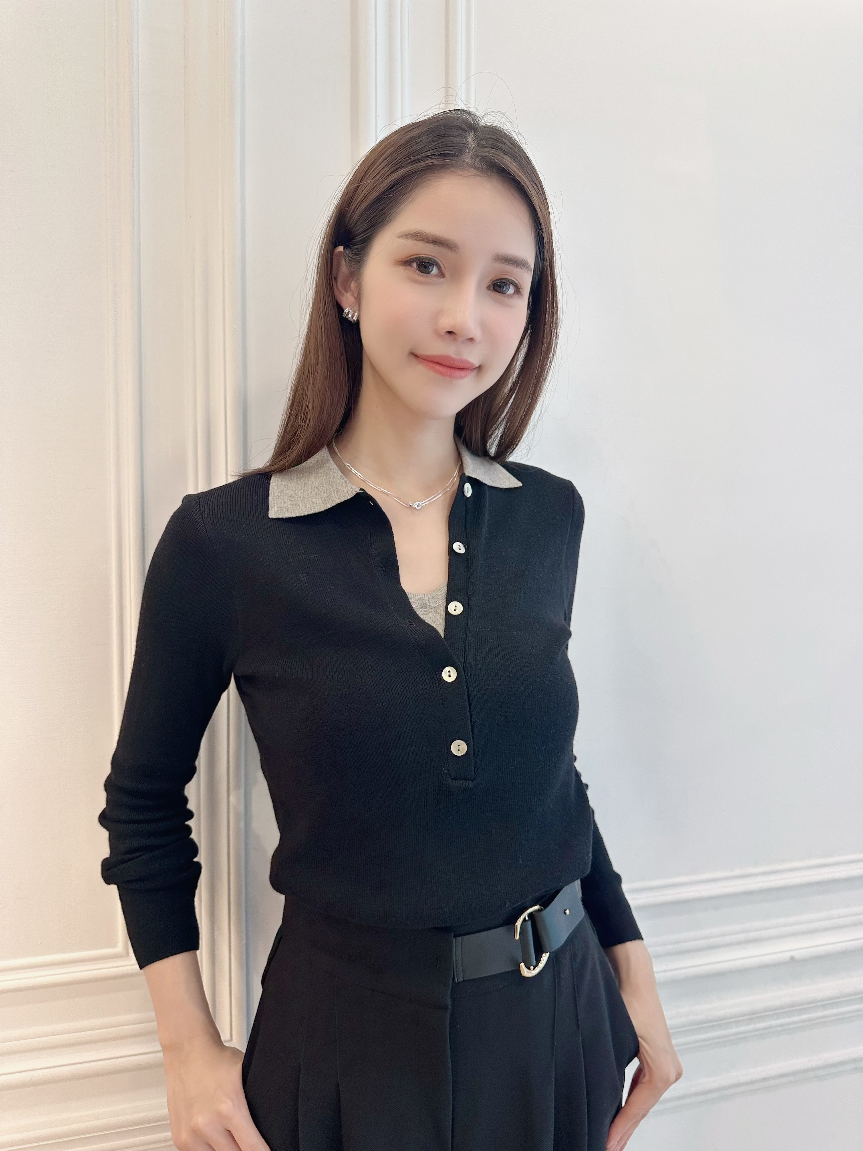 優雅翻領撞色針織上衣