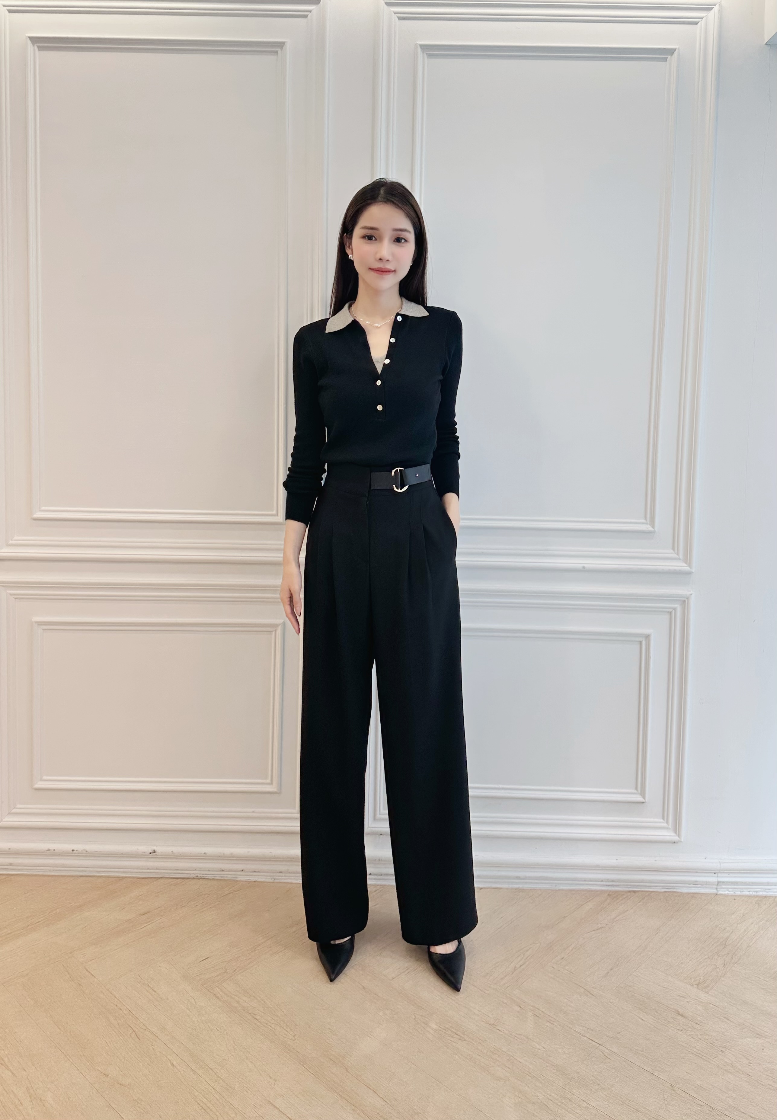 側釦圓環腰帶直筒褲