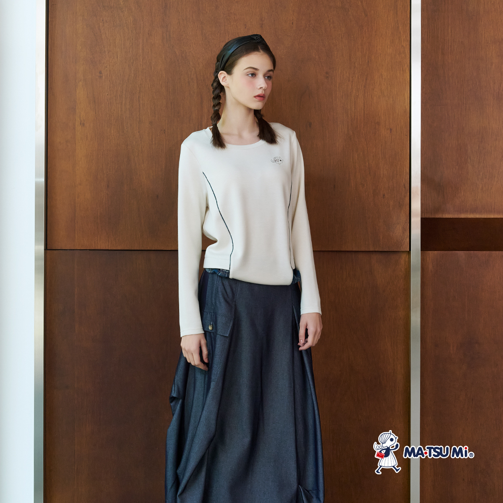 MA‧TSU Mi 學院風假兩件格紋燙鑽抽繩長袖上衣(米白.深藍)