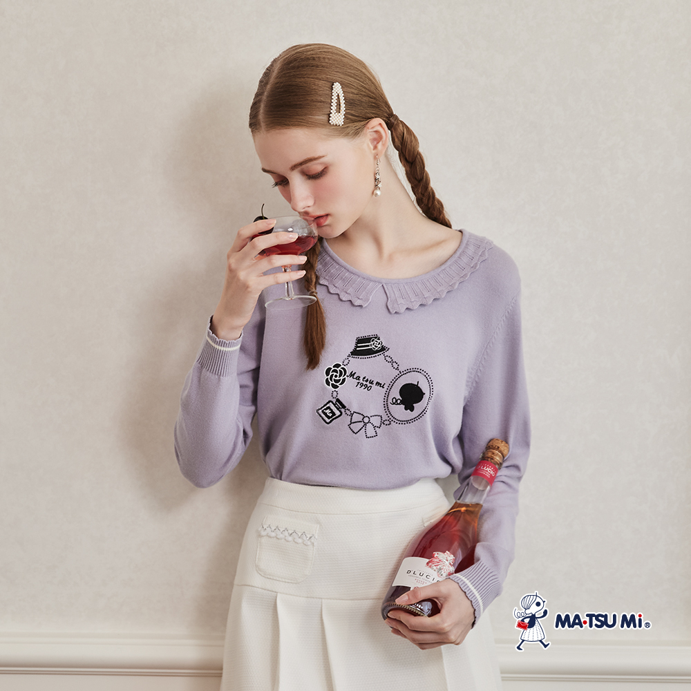 MA‧TSU Mi 荷葉公主領優雅刺繡長袖針織上衣(紫色.白)