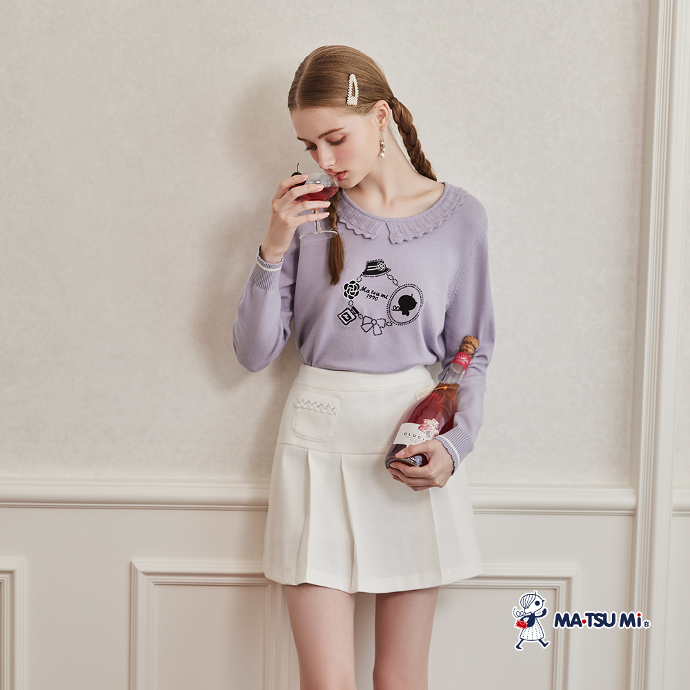 MA‧TSU Mi 荷葉公主領優雅刺繡長袖針織上衣(紫色.白)