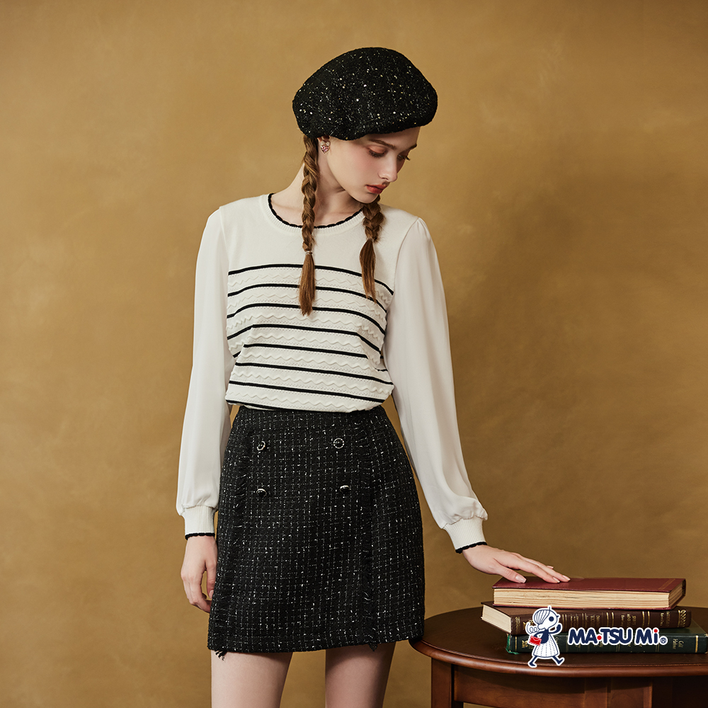 MA‧TSU Mi 異材質拼接撞色條紋滾邊洞洞麻花長袖針織上衣(紫色.白)