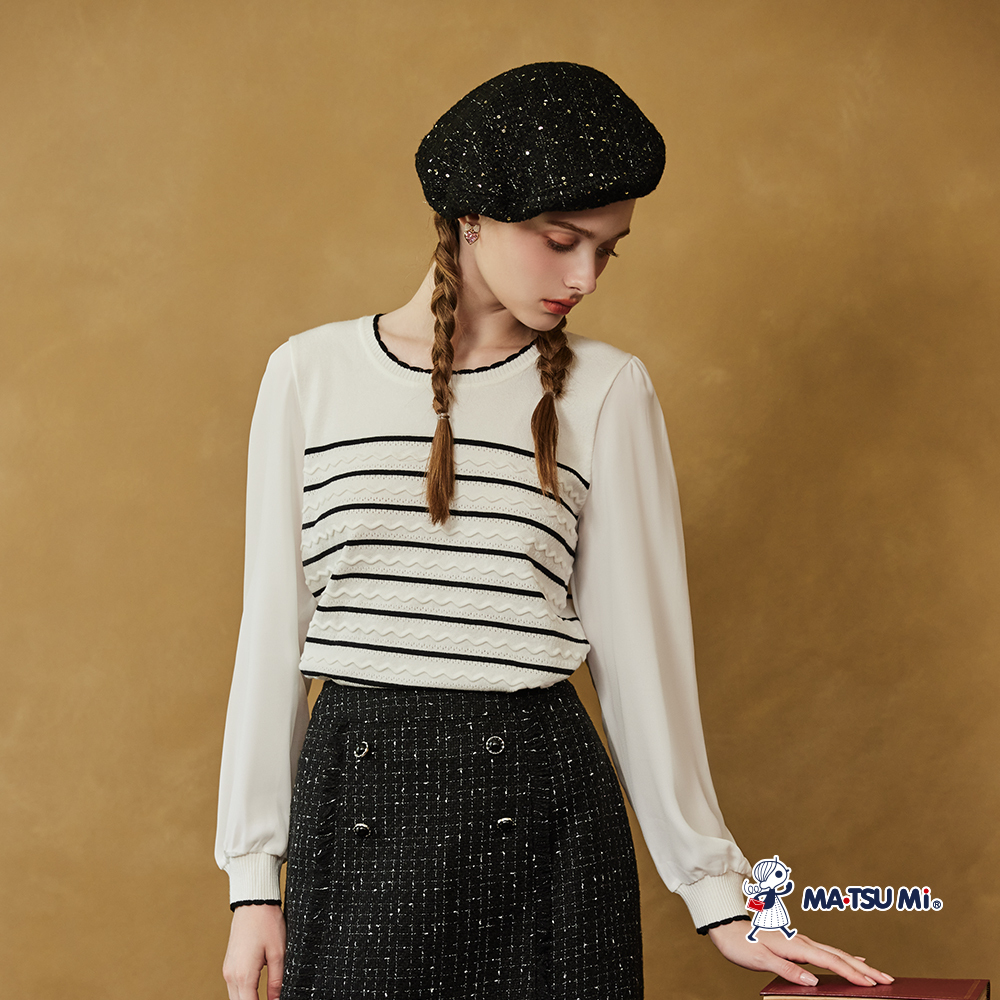 MA‧TSU Mi 異材質拼接撞色條紋滾邊洞洞麻花長袖針織上衣(紫色.白)