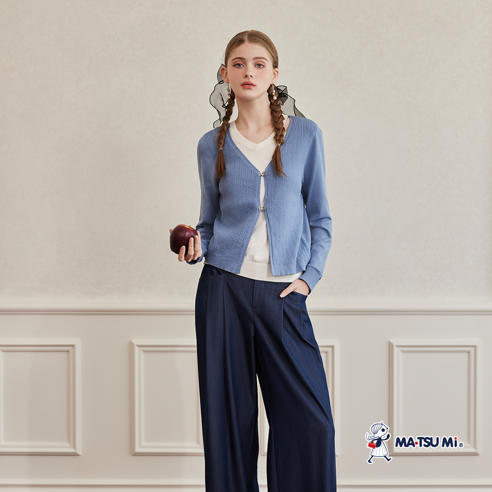 MA‧TSU Mi 質感簍空假兩件開釦小外套麻花針織長袖上衣(水藍.黑)