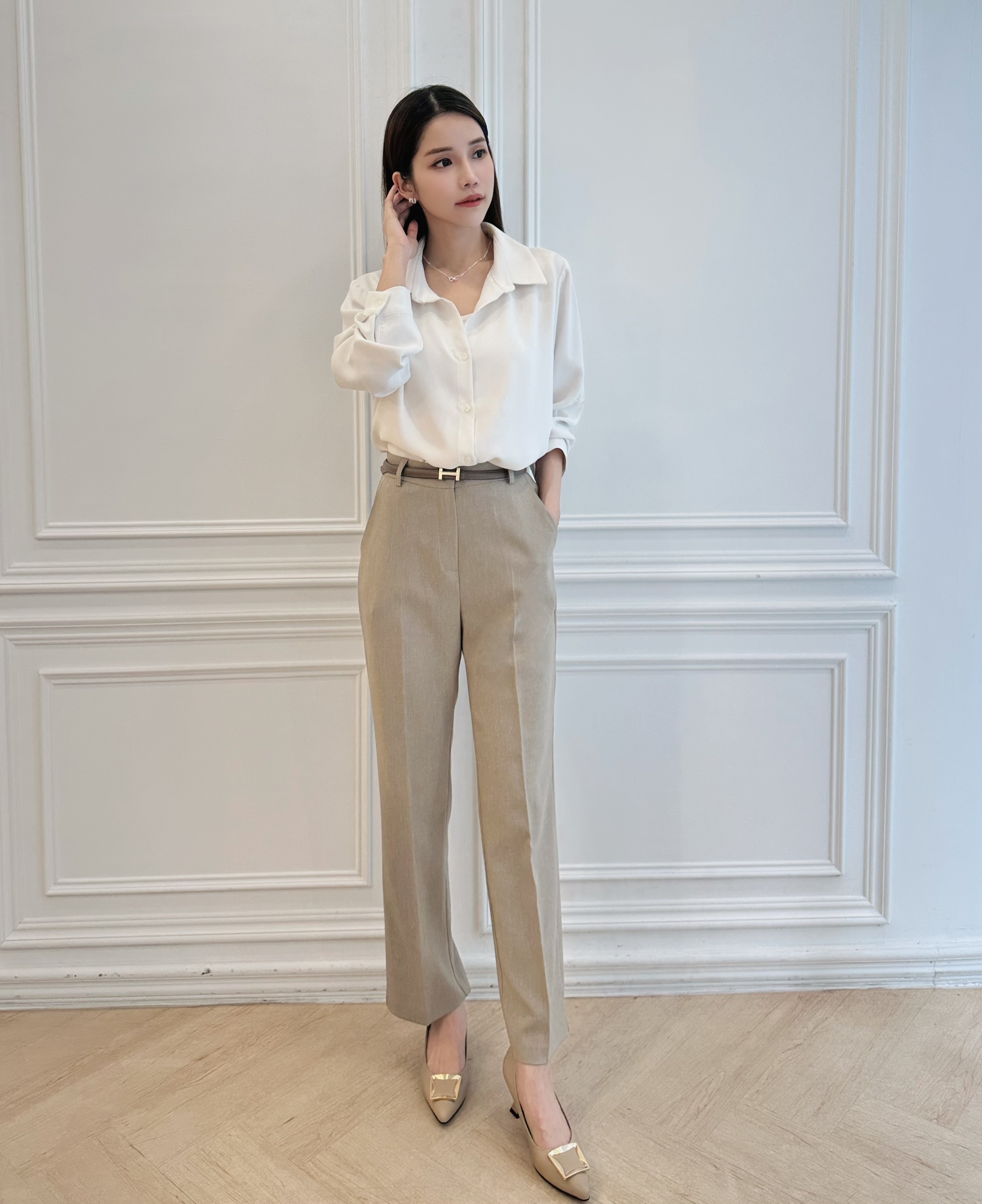 細緻織紋顯瘦直筒褲