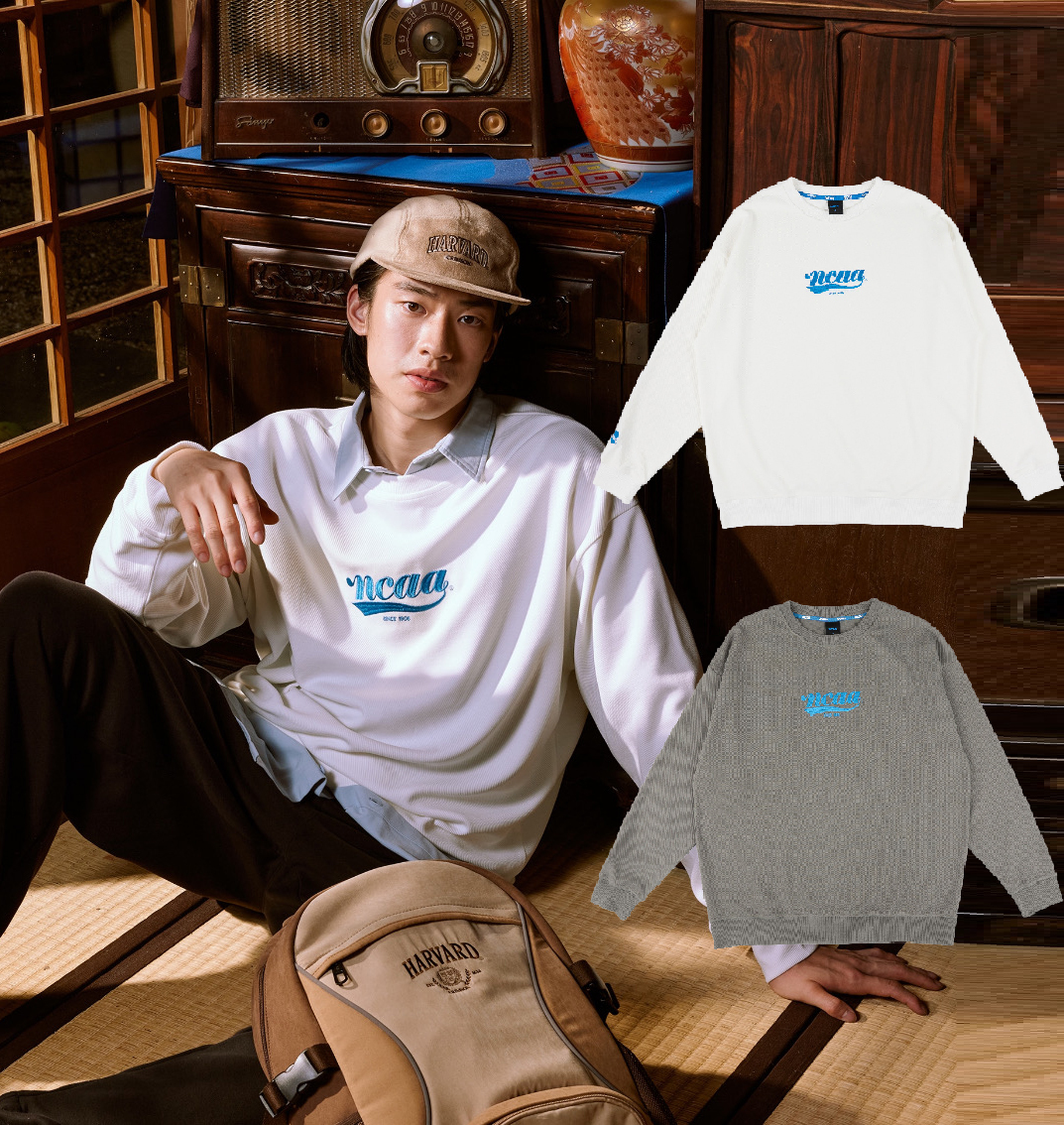 NCAA TEE 灰色 白色 圓領 休閒 基本 斜紋 LOGO 長袖 長T 大學T【73551028】