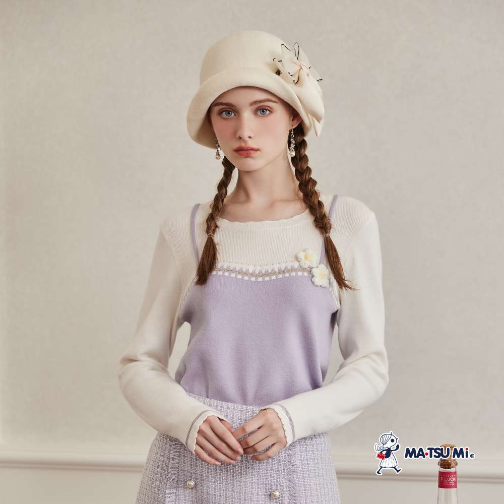 MA‧TSU Mi 花邊撞色假兩件吊帶立體小花長袖針織上衣(粉紫.黑)