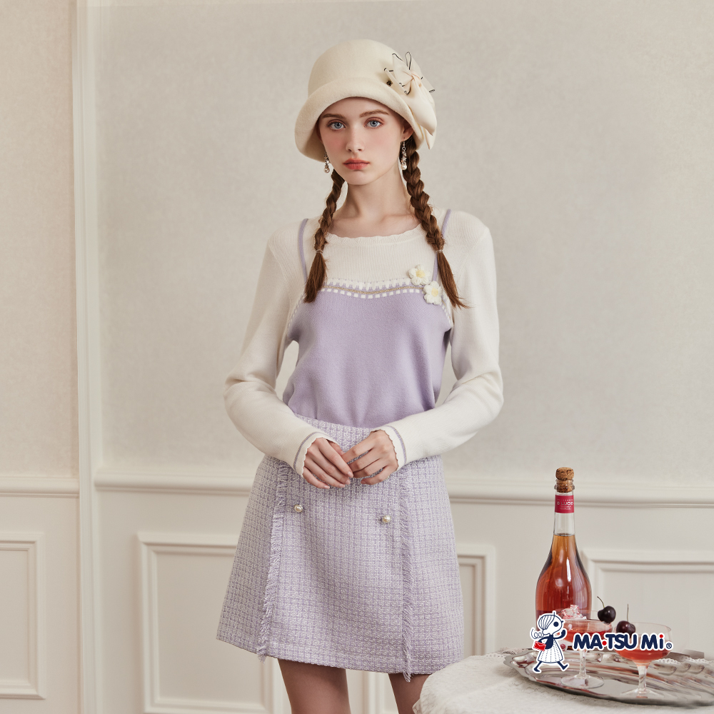 MA‧TSU Mi 花邊撞色假兩件吊帶立體小花長袖針織上衣(粉紫.黑)