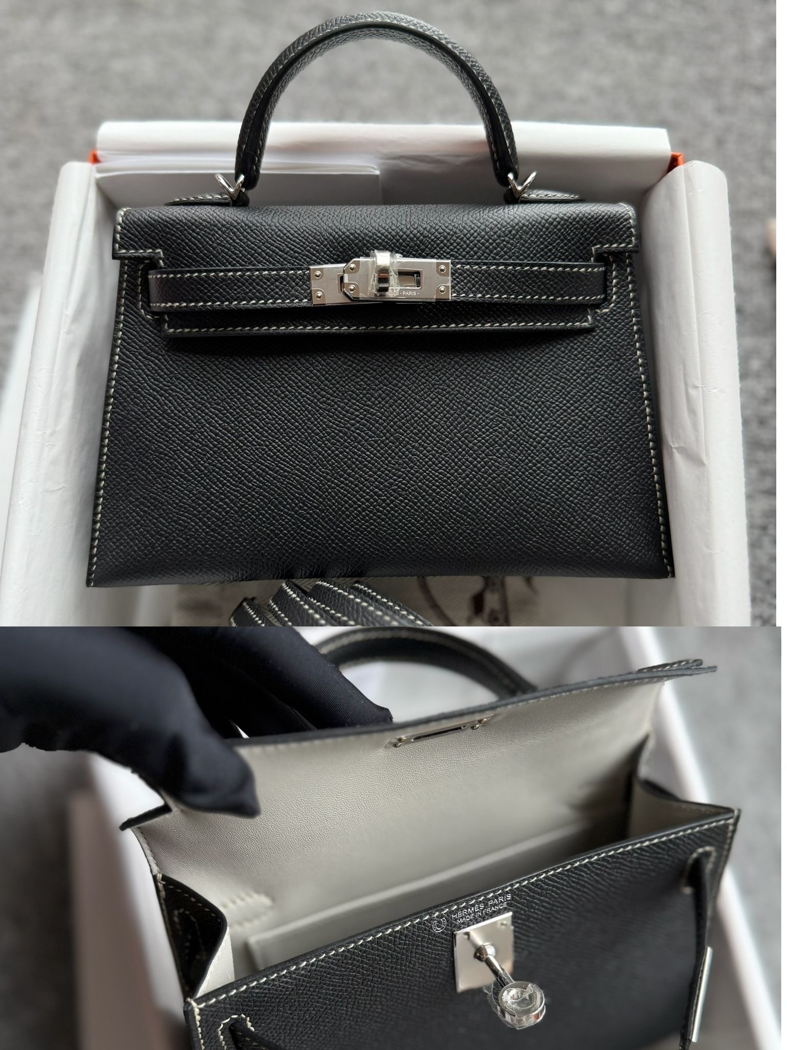 Kelly mini II HSS 89 noir / 80 gris perle ck epsom K 走白線