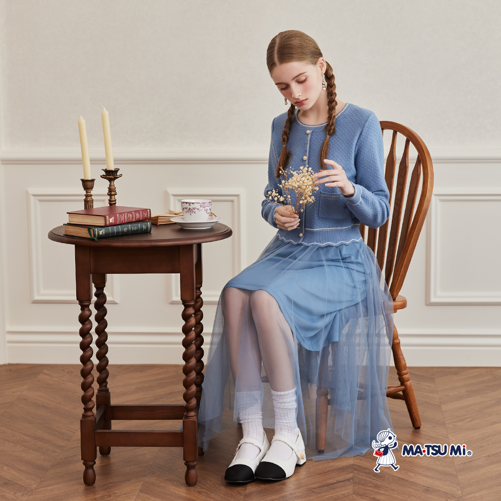 MA‧TSU Mi 優雅風紋理撞色一套式針織網紗洋裝(水藍.白)