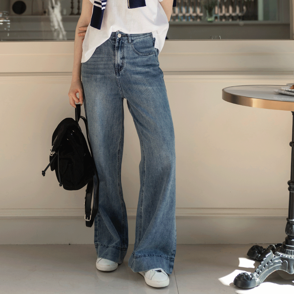 完美中藍牛仔寬褲