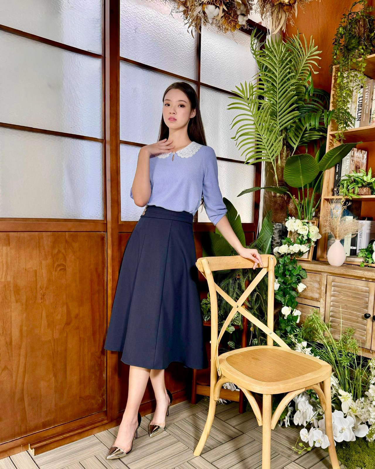 花邊領中袖上衣 LT0824