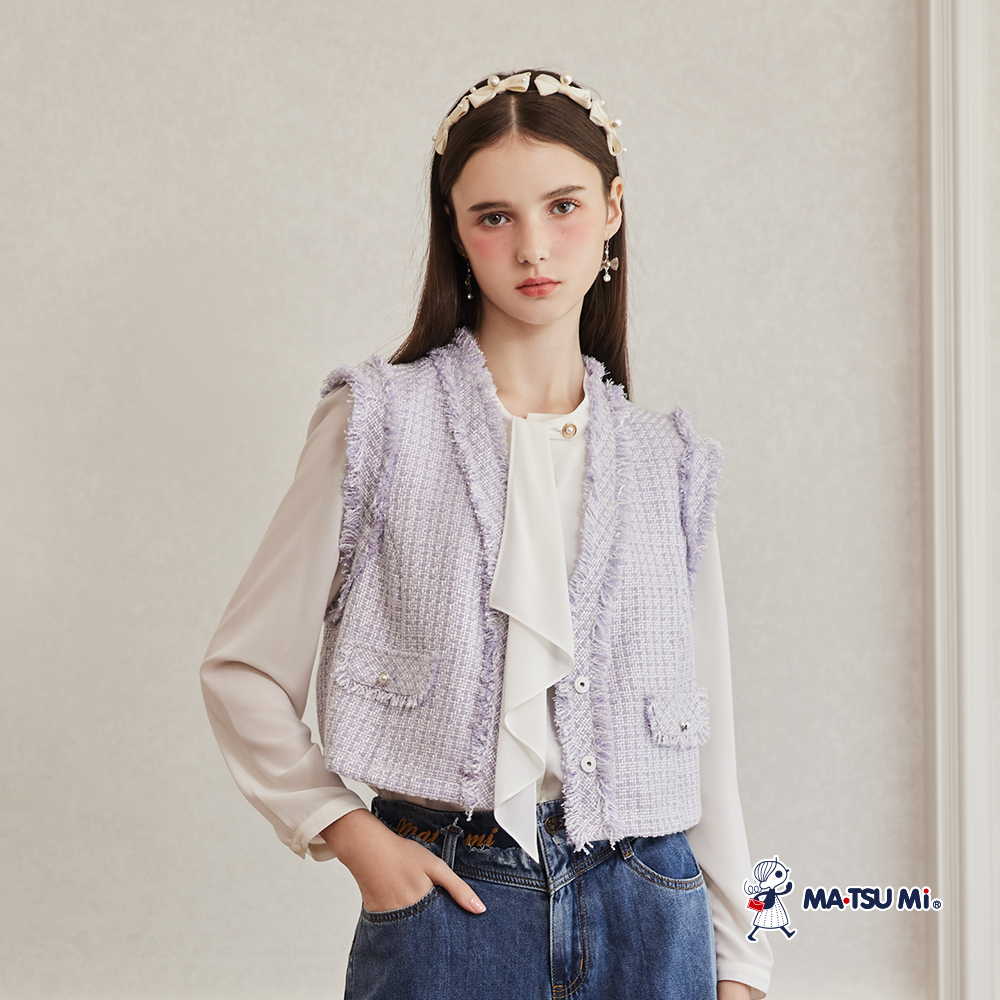 MA‧TSU Mi 小香風粗花呢抽鬚壓釦背心(粉紫.黑)