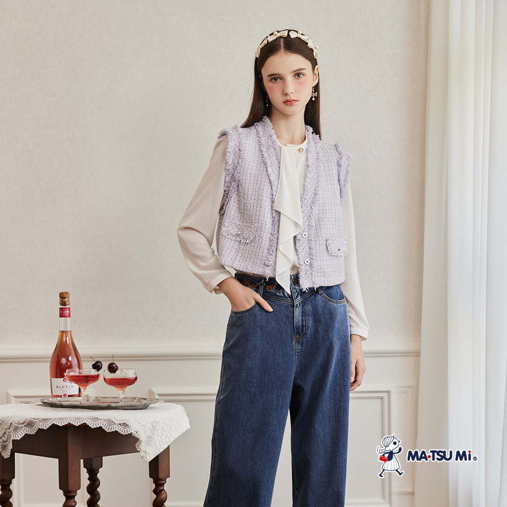 MA‧TSU Mi 小香風粗花呢抽鬚壓釦背心(粉紫.黑)