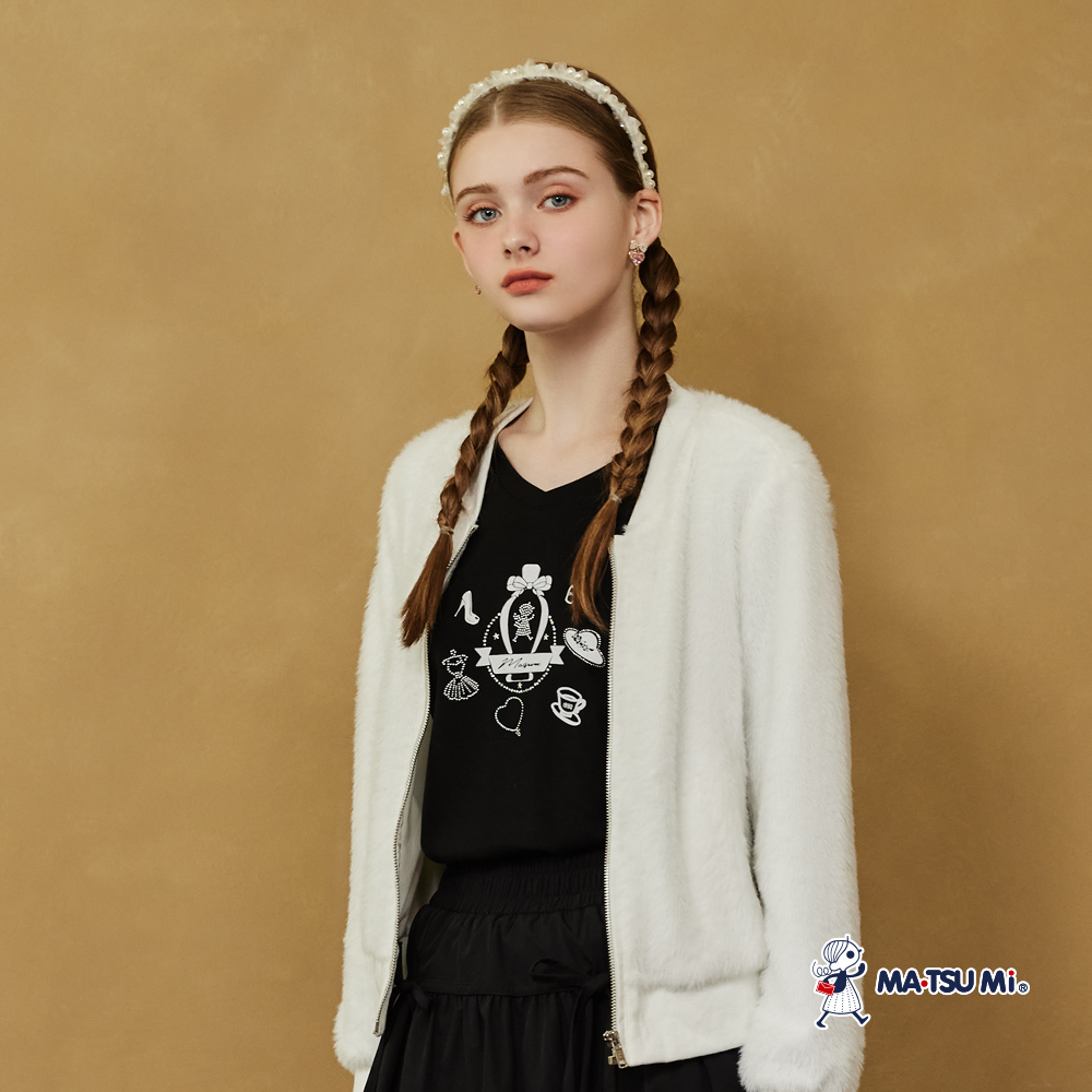 MA‧TSU Mi 簡約優雅感瑪娃刺繡燙鑽長袖上衣(粉紫.黑)