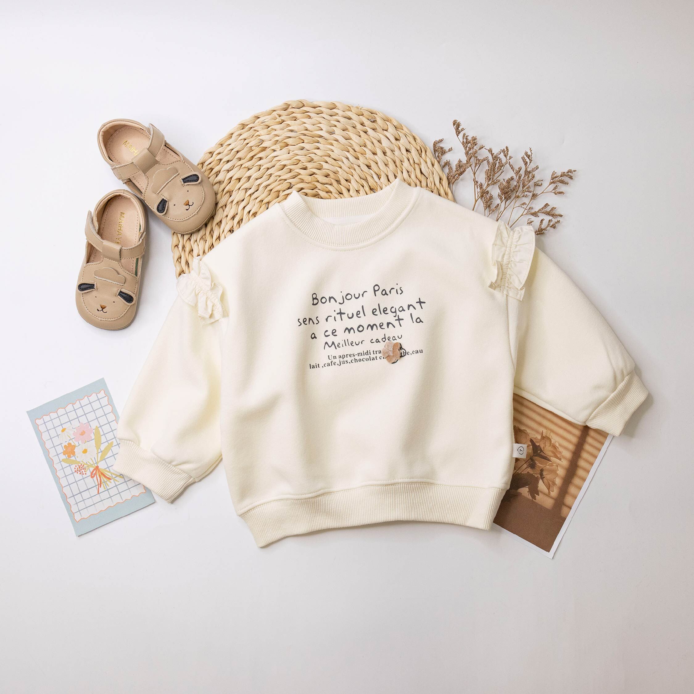 【H55483】質感絨毛花朵荷葉設計上衣