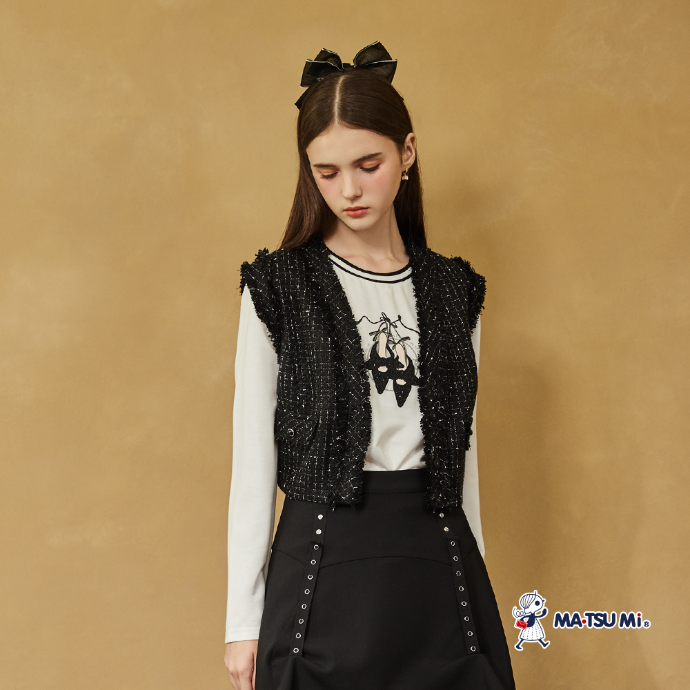 MA‧TSU Mi 簡約優雅撞色微閃高跟鞋刺繡長袖上衣(粉紫.白)