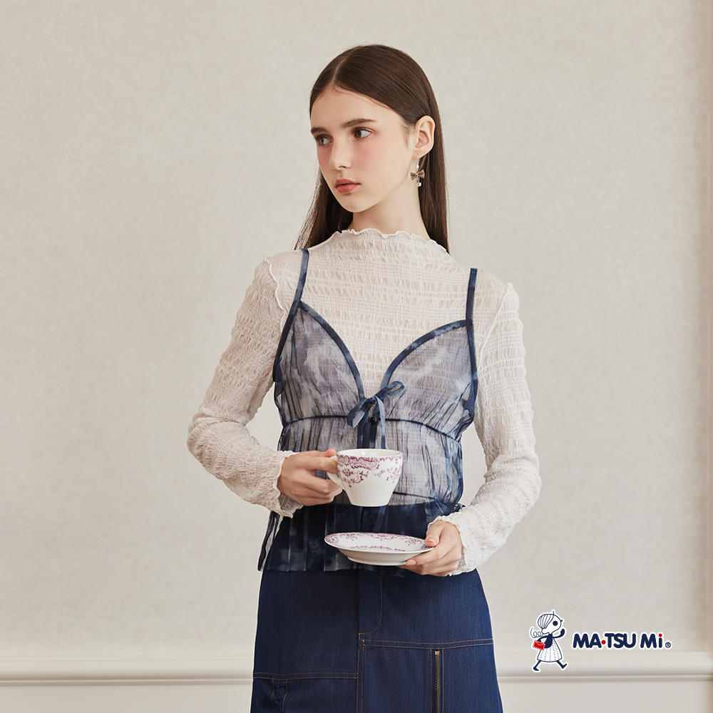 MA‧TSU Mi 高彈性木耳滾邊透膚紋理長袖上衣(白.黑)