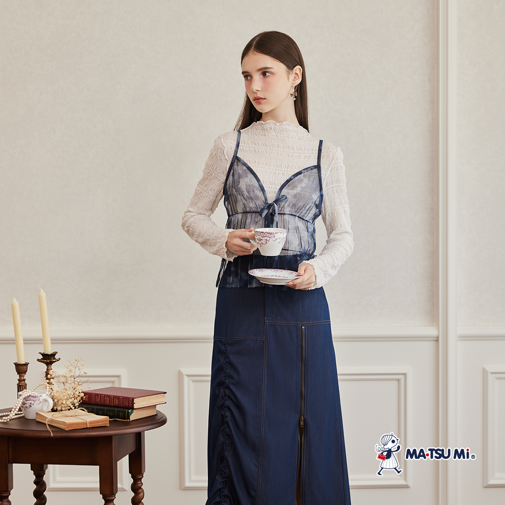 MA‧TSU Mi 高彈性木耳滾邊透膚紋理長袖上衣(白.黑)