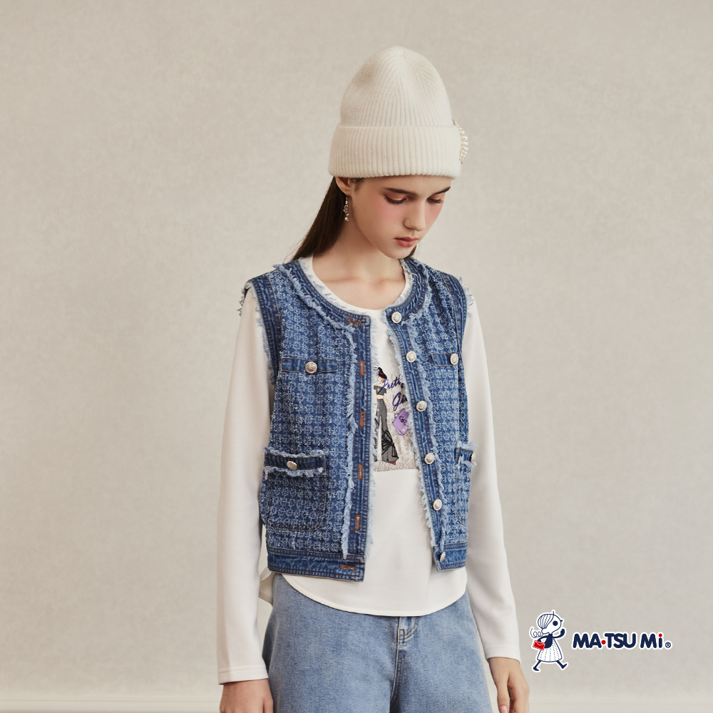 MA‧TSU Mi  知性優雅圖案設計剪裁長袖上衣(水藍.白)