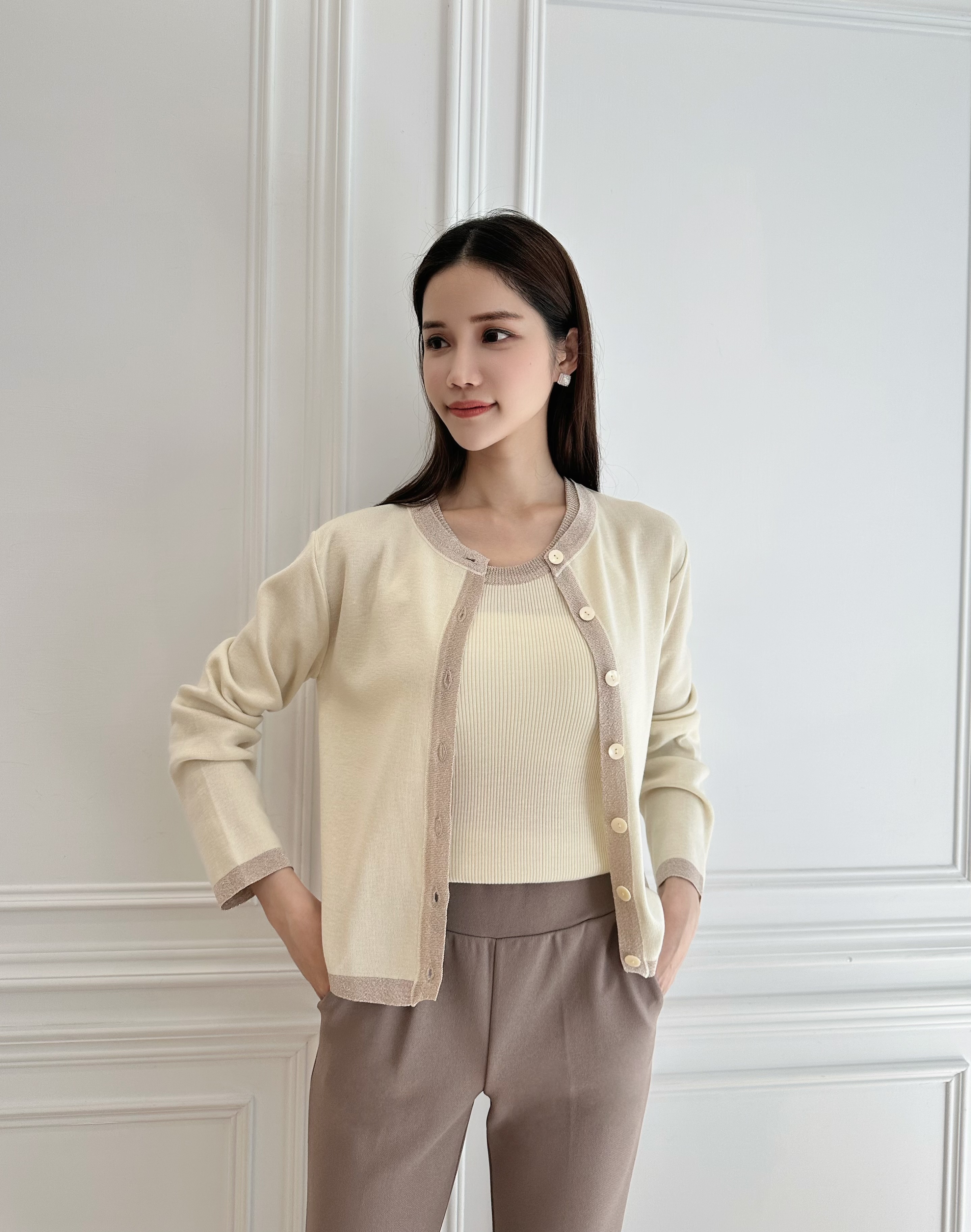 撞色細閃滾邊削肩背心+外套套裝