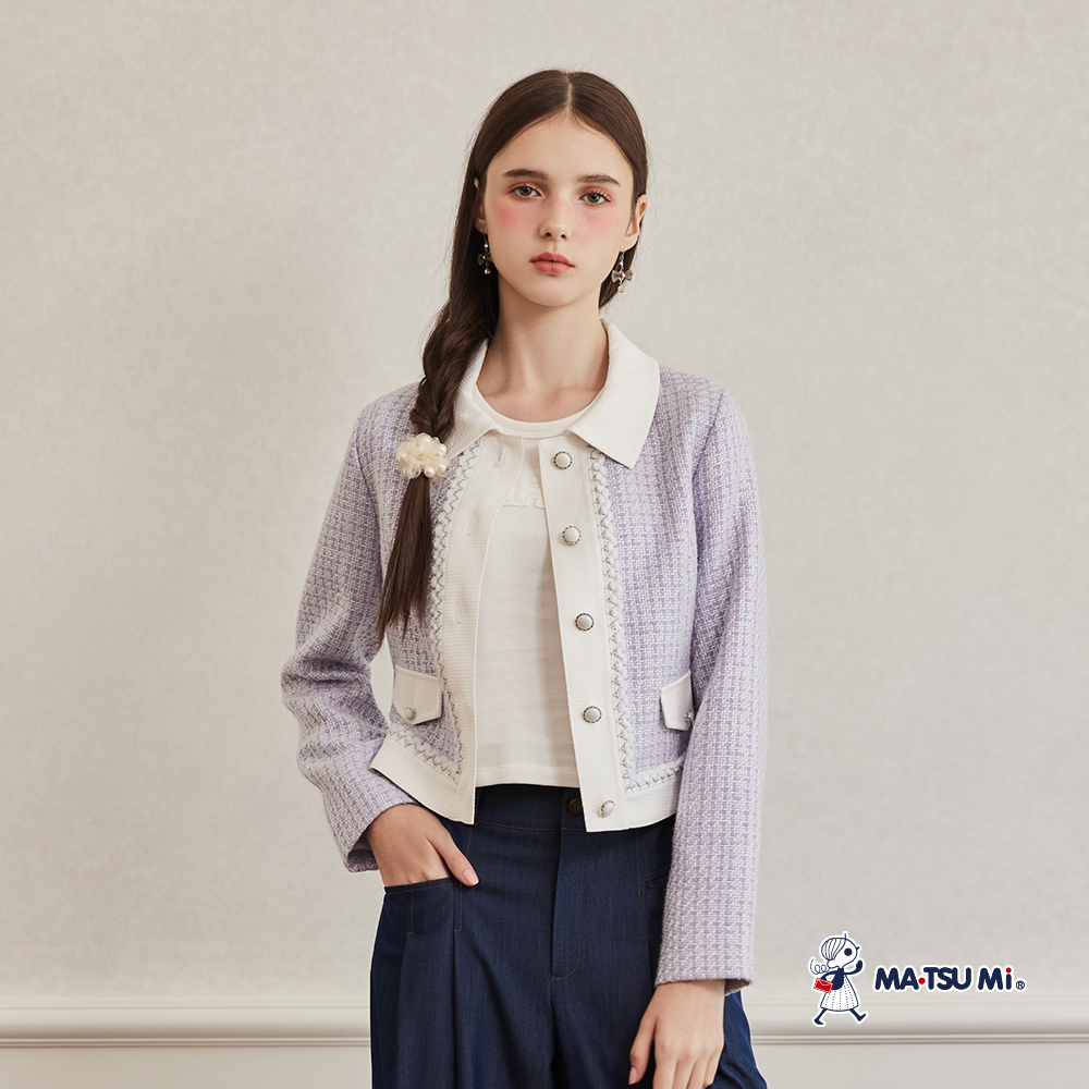 MA‧TSU Mi  小香風粗花呢撞色翻領開釦設計外套(粉紫.黑)