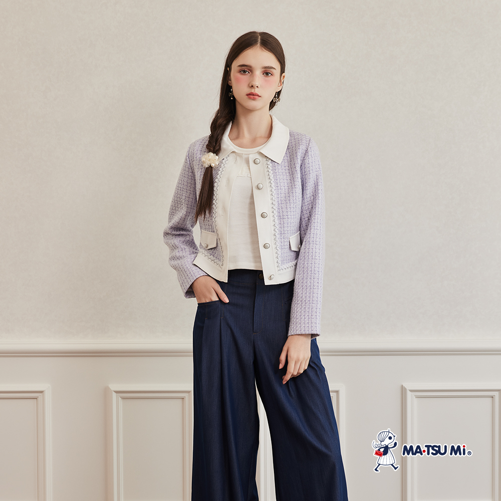 MA‧TSU Mi  小香風粗花呢撞色翻領開釦設計外套(粉紫.黑)