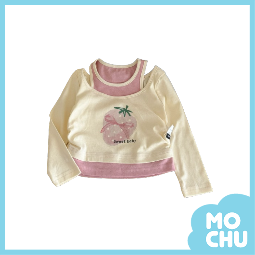 草莓蝴蝶結假兩件長袖上衣