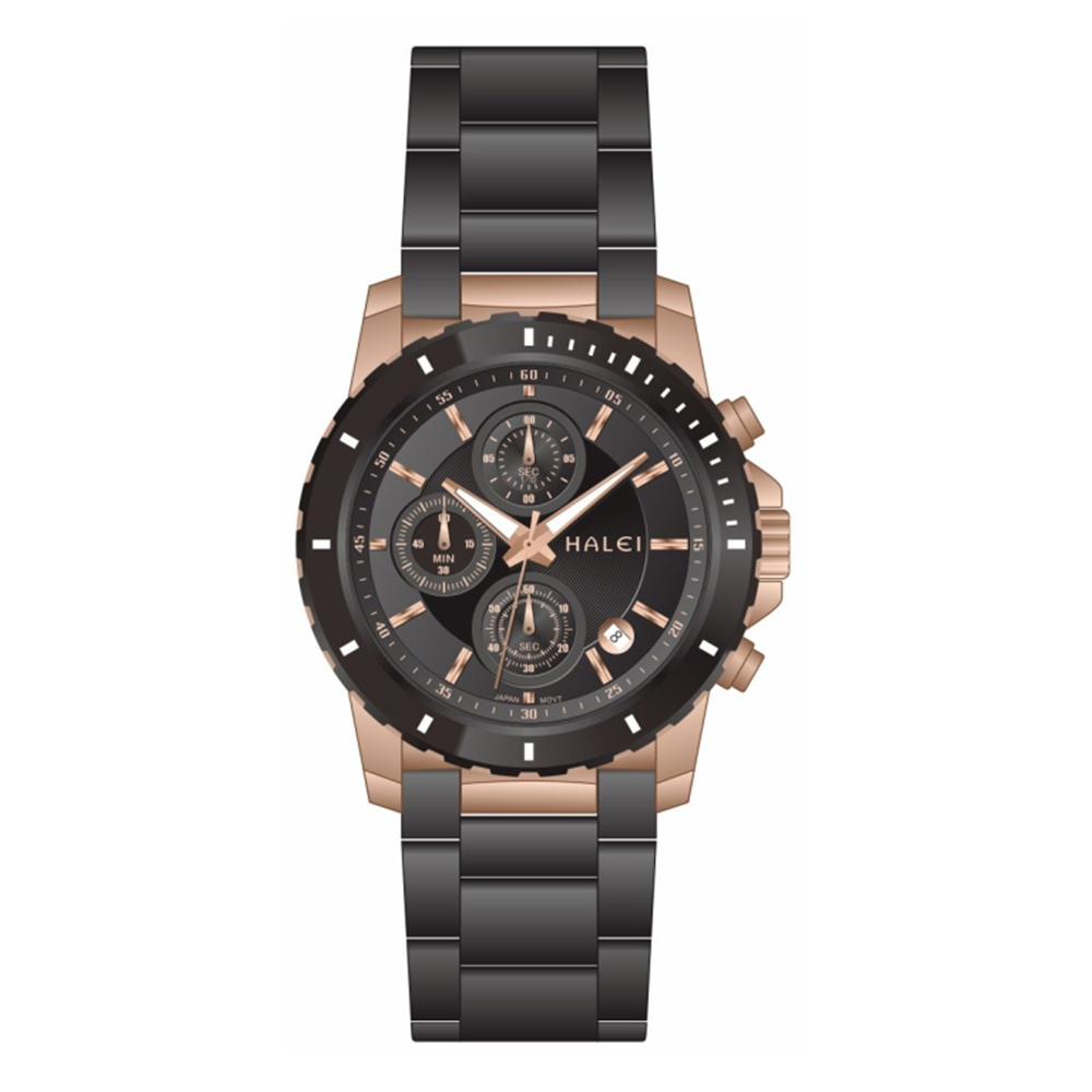 【HALEI 哈雷】9001ML 經典 三眼 計時 日期顯示 夜光 不鏽鋼 石英 手錶