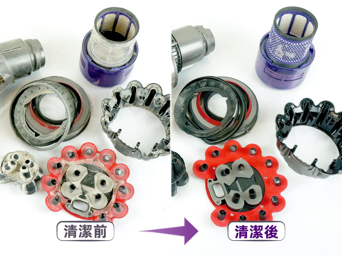 Dyson 濾網與配件 清潔前後對比