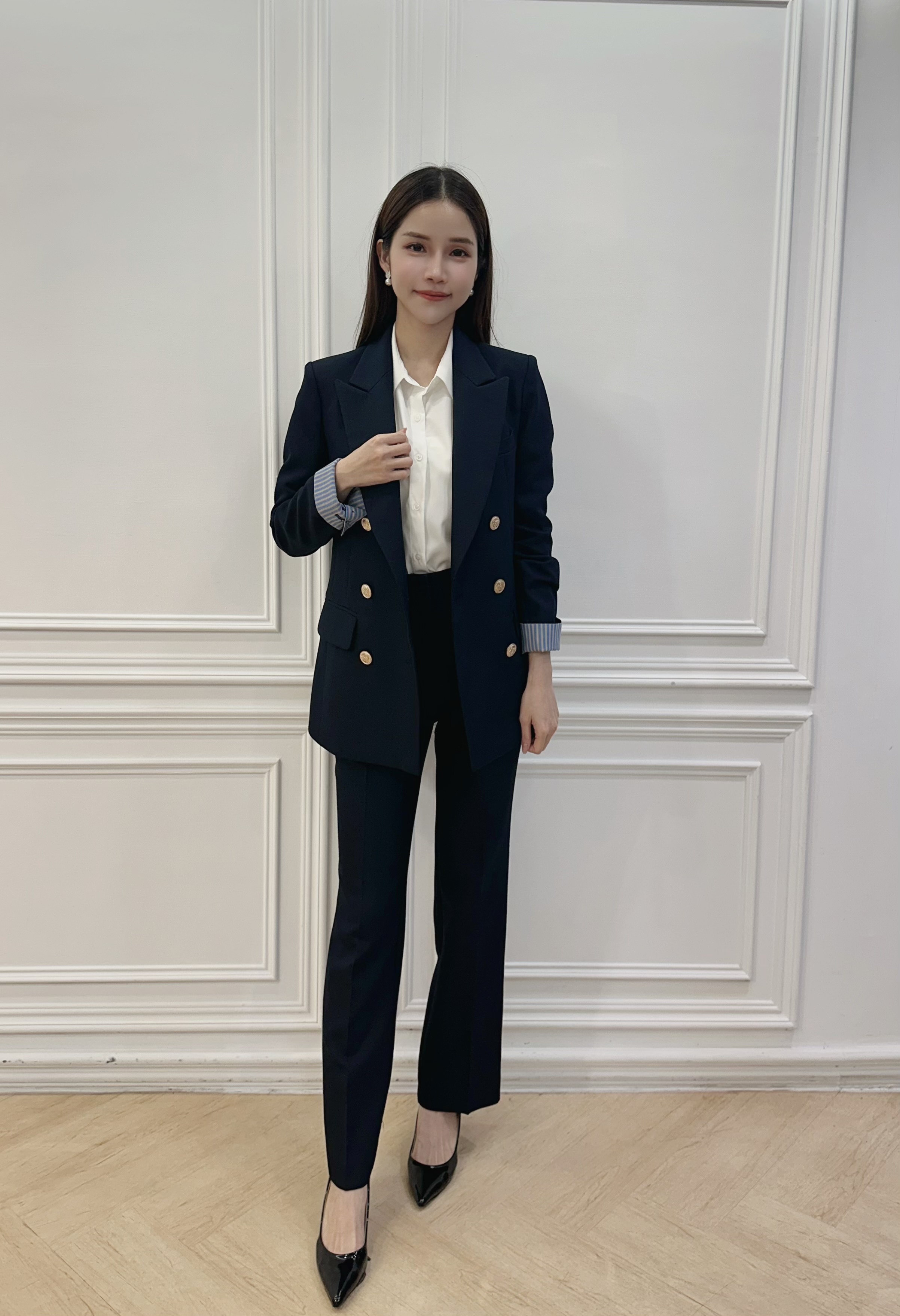 袖條紋金釦翻領西裝套裝-深藍