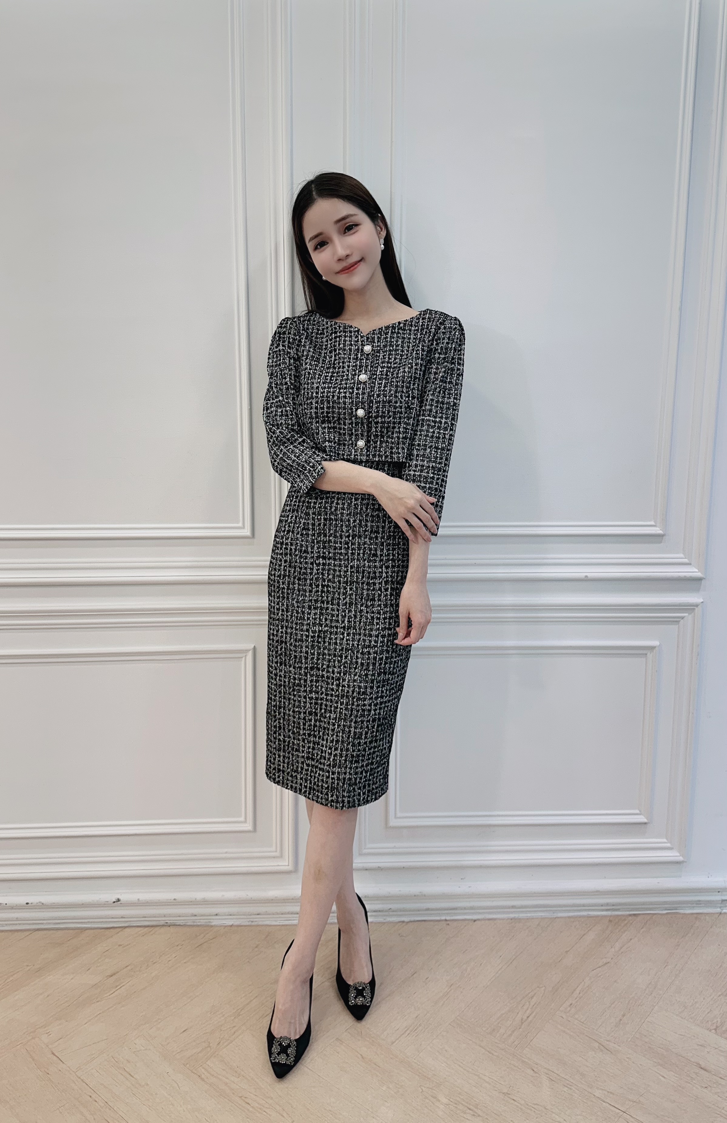 ( JS )小香風毛呢層次合身洋裝  - 黑