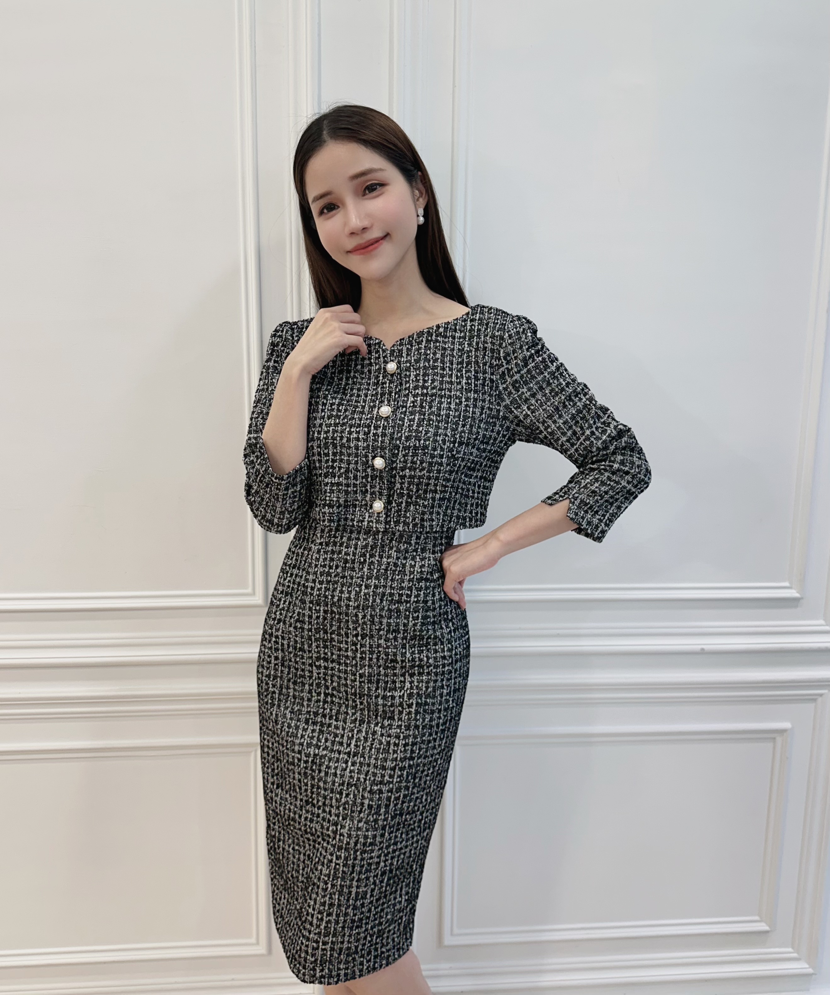 ( JS )小香風毛呢層次合身洋裝  - 黑