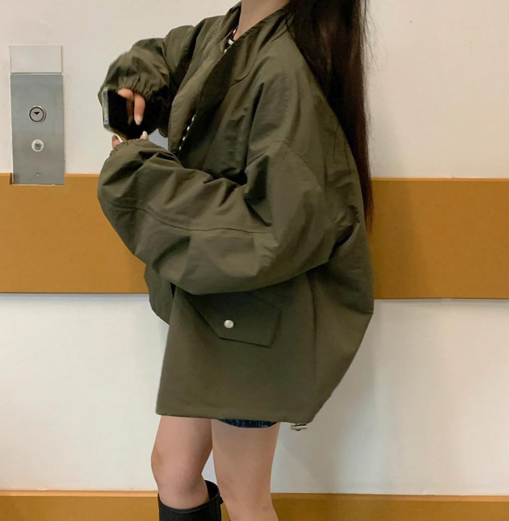 寬鬆索繩拉鏈風褸(軍綠色)