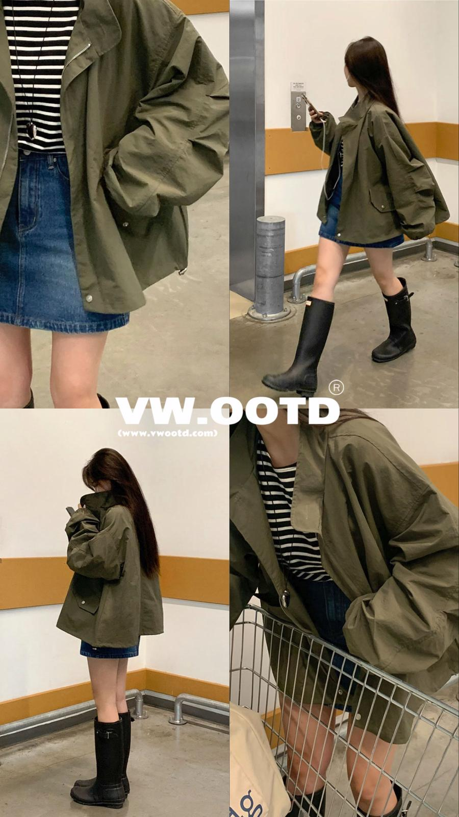 寬鬆索繩拉鏈風褸(軍綠色)