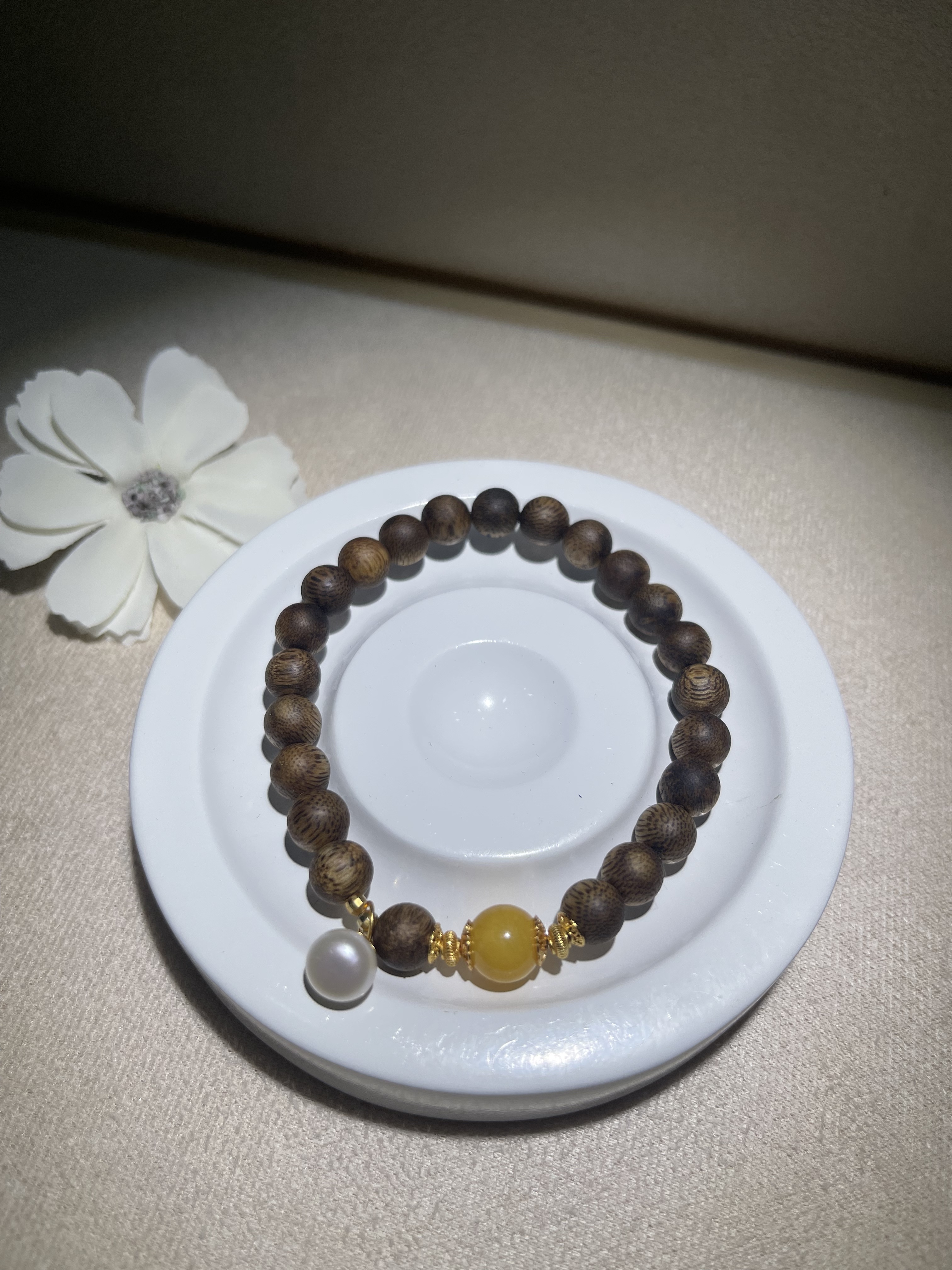 【直播】LL1003610 9分沉 - 沉香黑棋圓珠配蜜蠟手串 7mm (11)