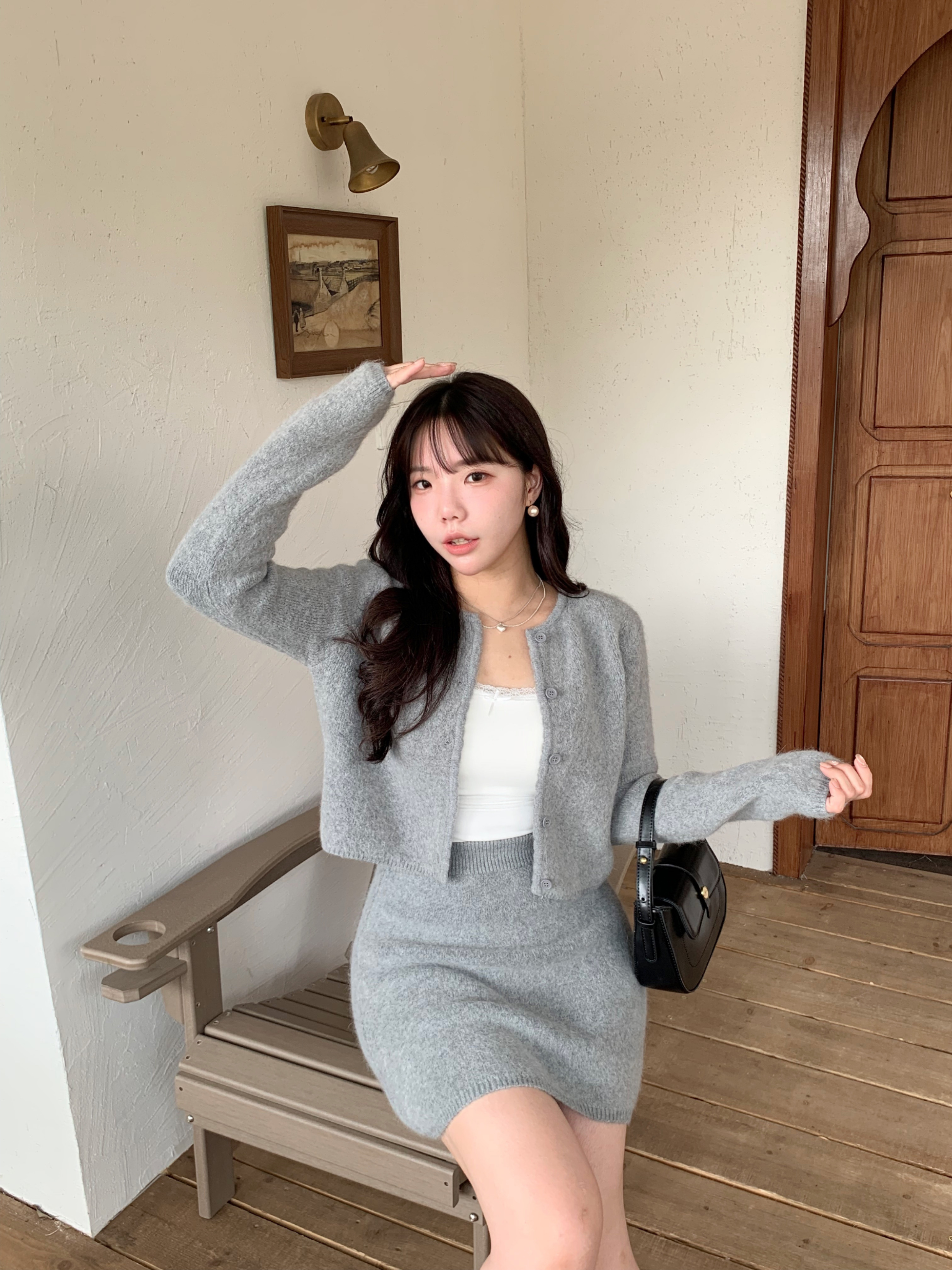 兔毛圓領針織短裙套裝 3色