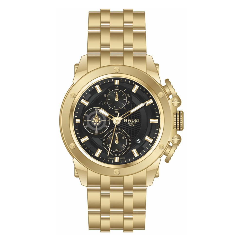 【HALEI 哈雷】9002M 經典 三眼 計時 日期顯示 夜光 不鏽鋼 石英 手錶