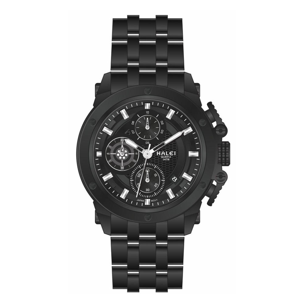 【HALEI 哈雷】9002M 經典 三眼 計時 日期顯示 夜光 不鏽鋼 石英 手錶