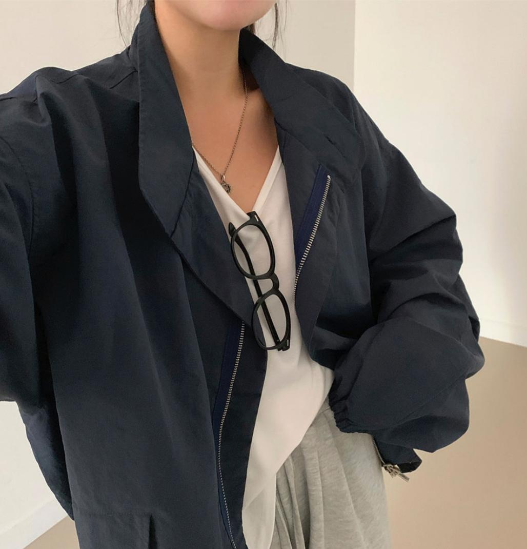 寬鬆索繩拉鏈風褸(深藍色)