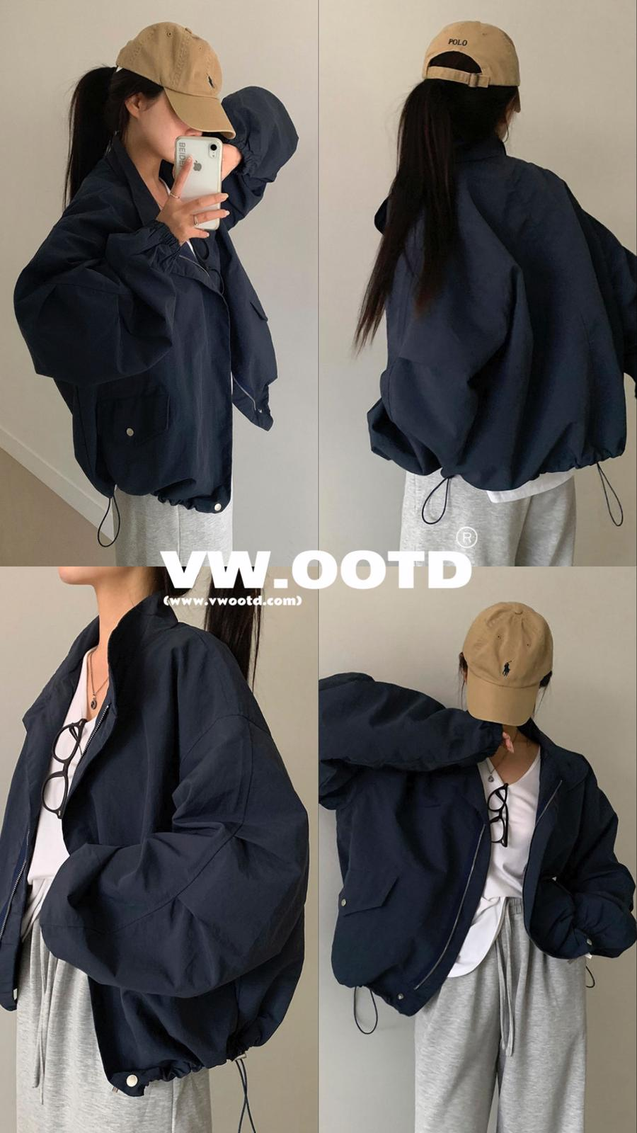 寬鬆索繩拉鏈風褸(深藍色)