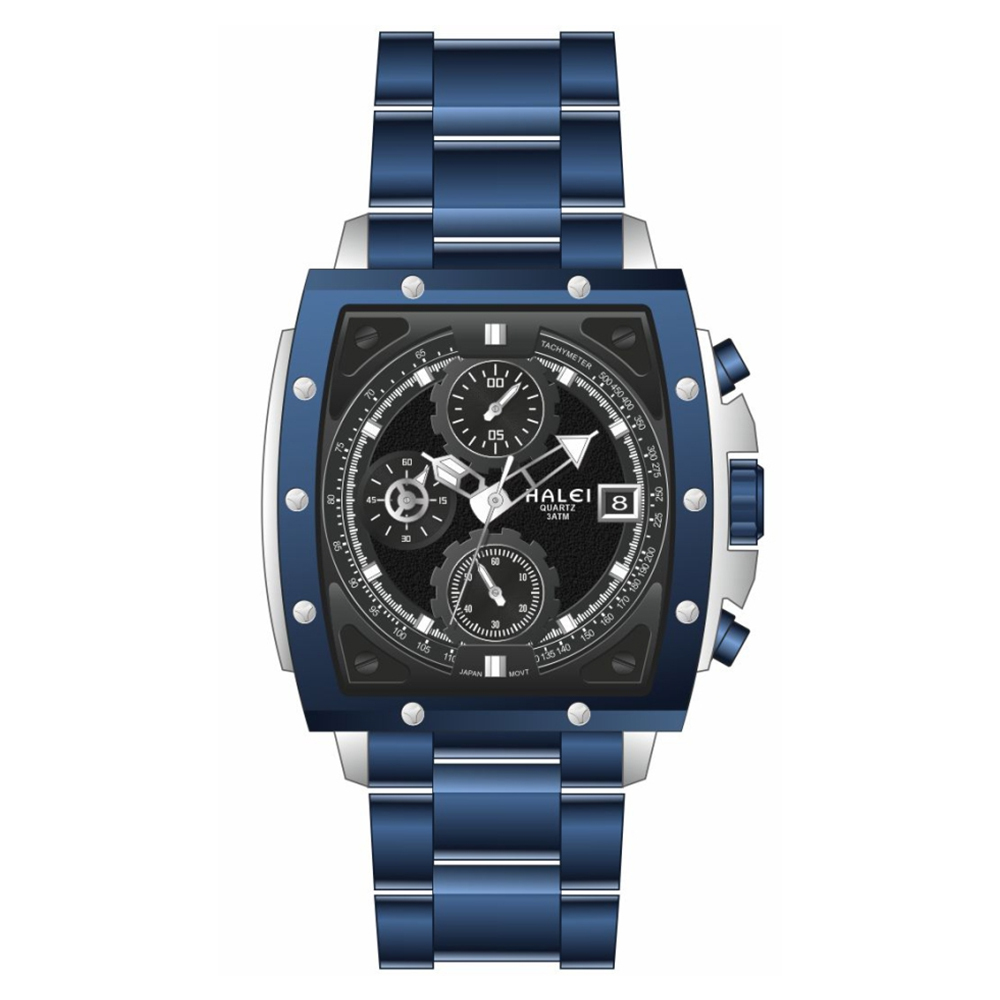 【HALEI 哈雷】9003M 三眼 計時 日期顯示 夜光 不鏽鋼 石英 手錶