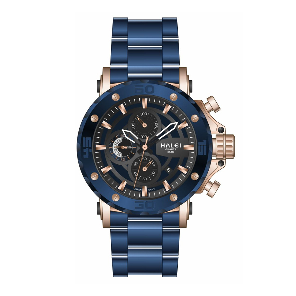 【HALEI 哈雷】9004M 三眼 計時 日期顯示 不鏽鋼 石英 手錶