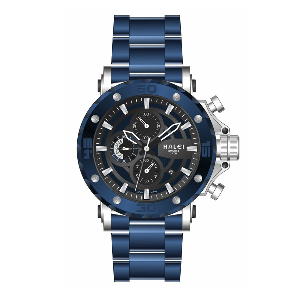 【HALEI 哈雷】9004M 三眼 計時 日期顯示 不鏽鋼 石英 手錶