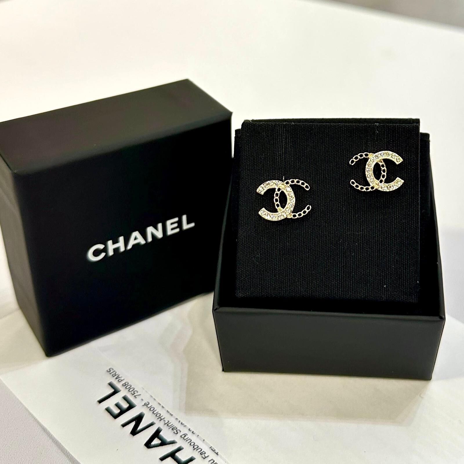 全新CHANEL耳環1.2 X1 cm ABG419 CC LOGO 淡金色拼鏤空水鑽 #BRAND NEW #香榭站正品